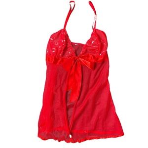 Elegant Red Sequin Sheer Satin Bow Ribbon Chemise